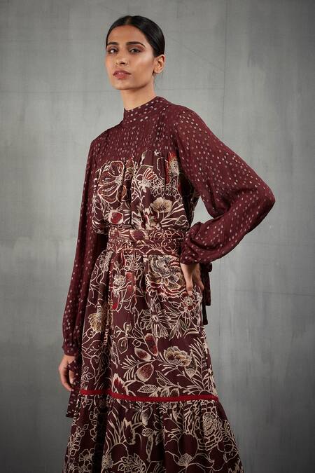 Shop_Kavita Bhartia_Brown Georgette Band Collar Floral Print Dress _Online_at_Aza_Fashions