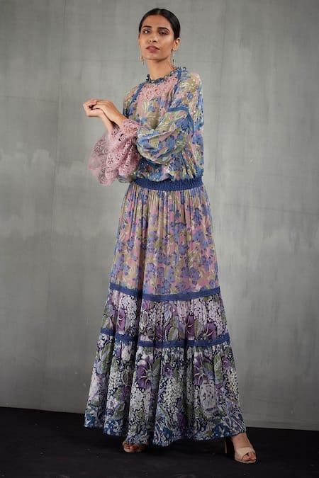 Shop Kavita Bhartia Blue Chiffon Round Floral Print Skirt Set at Aza Fashions Shop_Kavita Bhartia_Blue Chiffon Round Floral Print Skirt Set _at_Aza_Fashions