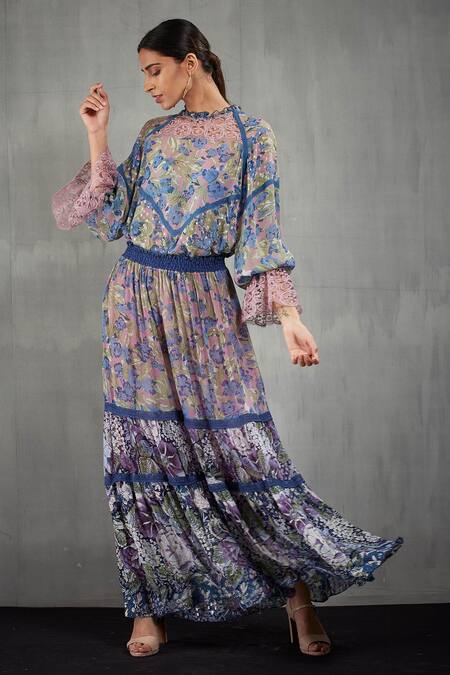 Kavita Bhartia Blue Chiffon Round Floral Print Skirt Set Online at Aza Fashions Kavita Bhartia_Blue Chiffon Round Floral Print Skirt Set _Online_at_Aza_Fashions
