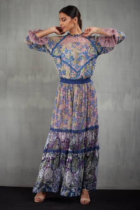 Buy Kavita Bhartia Blue Chiffon Round Floral Print Skirt Set Online at Aza Fashions Buy_Kavita Bhartia_Blue Chiffon Round Floral Print Skirt Set _Online_at_Aza_Fashions