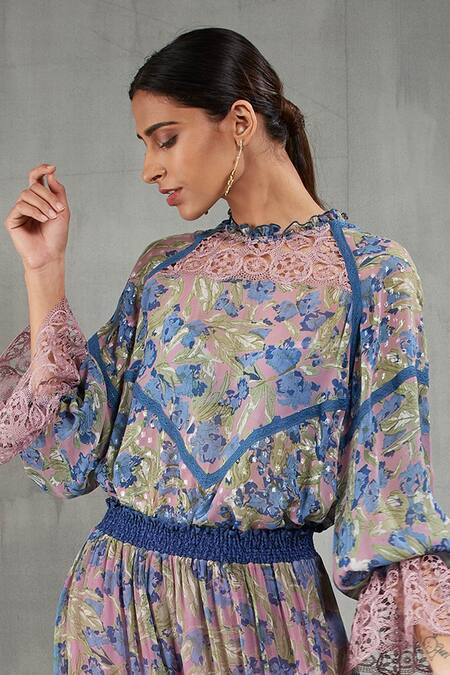 Shop Kavita Bhartia Blue Chiffon Round Floral Print Skirt Set Online at Aza Fashions Shop_Kavita Bhartia_Blue Chiffon Round Floral Print Skirt Set _Online_at_Aza_Fashions