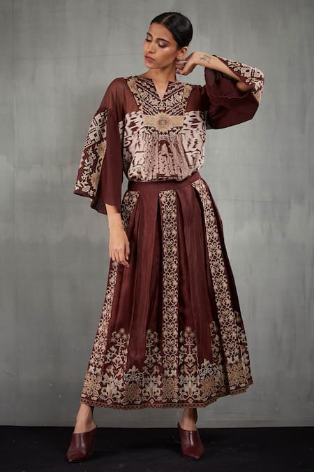 Shop Kavita Bhartia Brown Cotton Notched Round Neck Silk Embroidered Skirt Set at Aza Fashions Shop_Kavita Bhartia_Brown Cotton Notched Round Neck Silk Embroidered Skirt Set _at_Aza_Fashions