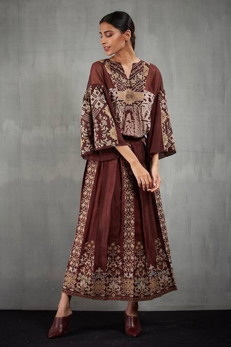 Kavita Bhartia Brown Cotton Notched Round Neck Silk Embroidered Skirt Set Online at Aza Fashions Kavita Bhartia_Brown Cotton Notched Round Neck Silk Embroidered Skirt Set _Online_at_Aza_Fashions