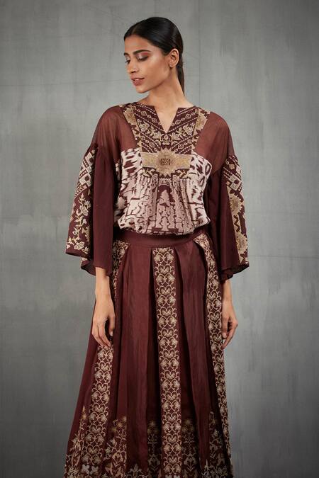 Buy Kavita Bhartia Brown Cotton Notched Round Neck Silk Embroidered Skirt Set Online at Aza Fashions Buy_Kavita Bhartia_Brown Cotton Notched Round Neck Silk Embroidered Skirt Set _Online_at_Aza_Fashions