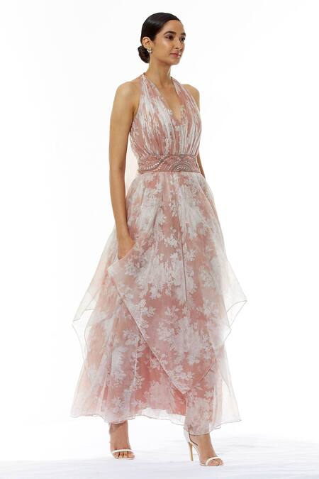 Kavita Bhartia_Pink Organza V Neck Printed A-line Gown  _Online_at_Aza_Fashions