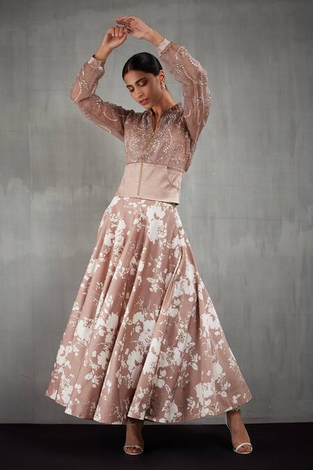 Buy_Kavita Bhartia_Pink Organza Band Collar Embroidered Jacket With Printed Skirt  _Online_at_Aza_Fashions