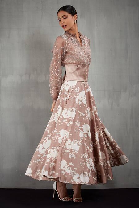 Kavita Bhartia_Pink Organza Band Collar Embroidered Jacket With Printed Skirt  _Online_at_Aza_Fashions