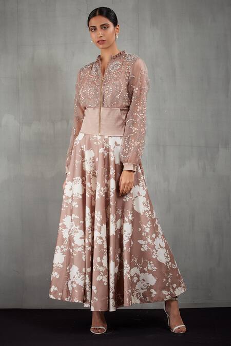Shop_Kavita Bhartia_Pink Organza Band Collar Embroidered Jacket With Printed Skirt  _Online_at_Aza_Fashions