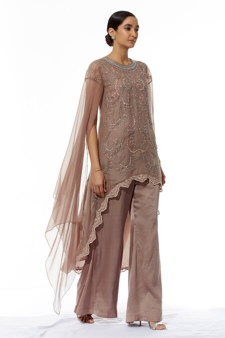 Kavita Bhartia Brown Organza Round Embroidered Kurta And Palazzo Set Online at Aza Fashions Kavita Bhartia_Brown Organza Round Embroidered Kurta And Palazzo Set _Online_at_Aza_Fashions