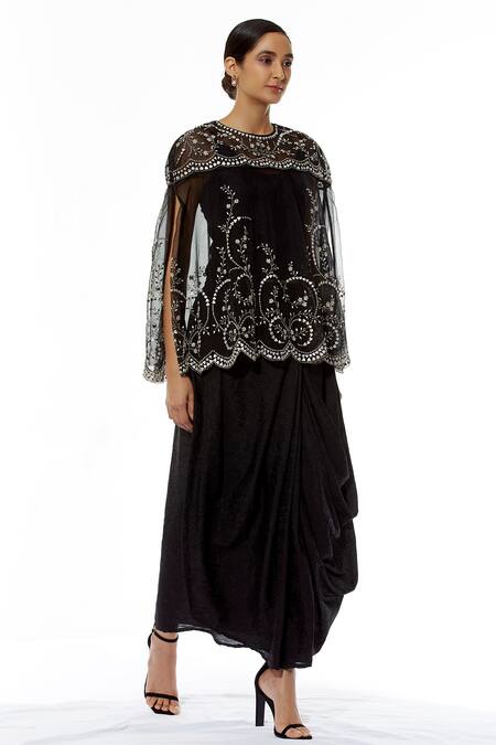 Kavita Bhartia Black Organza Round Embroidered Cape With Draped Skirt Online at Aza Fashions Kavita Bhartia_Black Organza Round Embroidered Cape With Draped Skirt _Online_at_Aza_Fashions