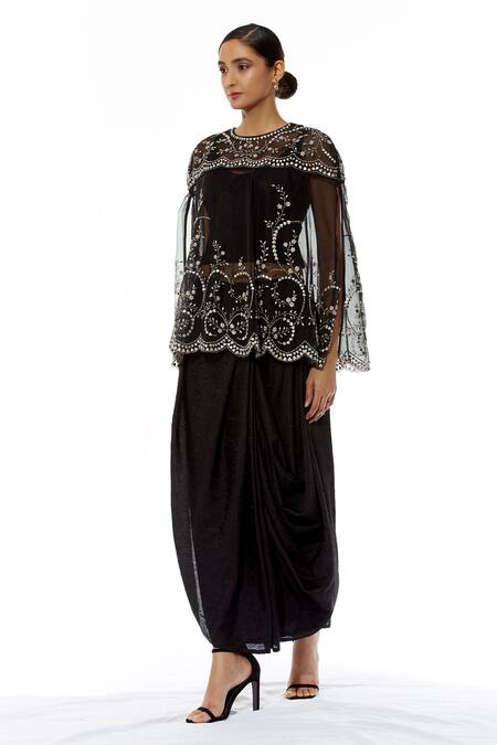 Buy Kavita Bhartia Black Organza Round Embroidered Cape With Draped Skirt Online at Aza Fashions Buy_Kavita Bhartia_Black Organza Round Embroidered Cape With Draped Skirt _Online_at_Aza_Fashions