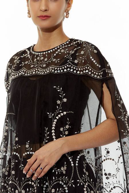Shop Kavita Bhartia Black Organza Round Embroidered Cape With Draped Skirt Online at Aza Fashions Shop_Kavita Bhartia_Black Organza Round Embroidered Cape With Draped Skirt _Online_at_Aza_Fashions