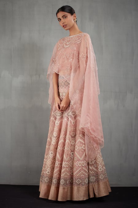Kavita Bhartia_Pink Organza Boat Embroidered Lehenga Set _Online_at_Aza_Fashions