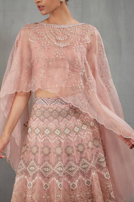 Buy_Kavita Bhartia_Pink Organza Boat Embroidered Lehenga Set _Online_at_Aza_Fashions