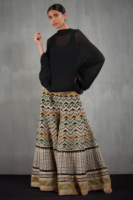 Kavita Bhartia_Black Crinkle Georgette Round Embroidered Palazzo With Top  _Online_at_Aza_Fashions