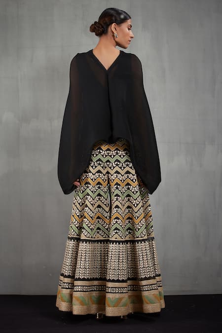 Shop_Kavita Bhartia_Black Crinkle Georgette Round Embroidered Palazzo With Top  _at_Aza_Fashions