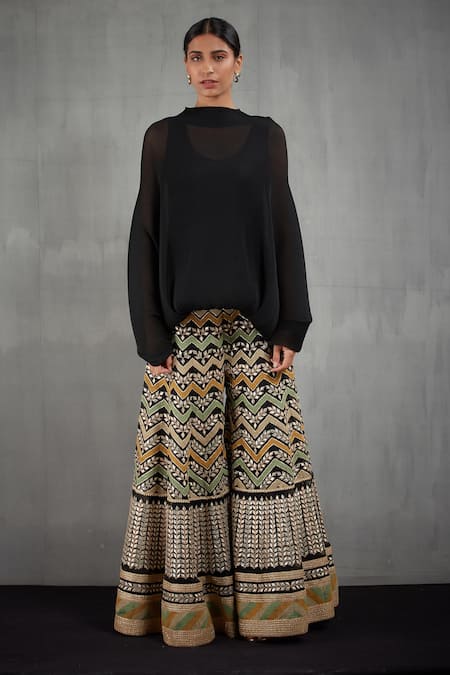 Buy_Kavita Bhartia_Black Crinkle Georgette Round Embroidered Palazzo With Top  _Online_at_Aza_Fashions