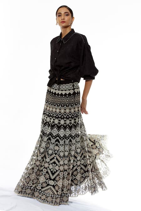 Kavita Bhartia Black Crush Poly Silk Straight Collar Embroidered Lehenga With Organza Shirt Online at Aza Fashions Kavita Bhartia_Black Crush Poly Silk Straight Collar Embroidered Lehenga With Organza Shirt _Online_at_Aza_Fashions