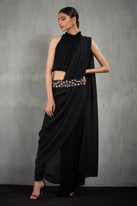 Buy Kavita Bhartia Black Georgette Elasticated Waist Band On Pant Saree With Blouse Online at Aza Fashions Buy_Kavita Bhartia_Black Georgette Elasticated Waist Band On Pant Saree With Blouse _Online_at_Aza_Fashions