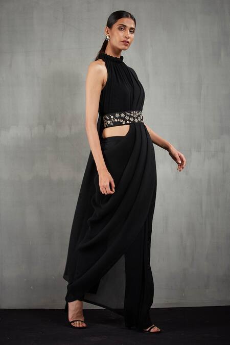 Kavita Bhartia Black Georgette Elasticated Waist Band On Pant Saree With Blouse Online at Aza Fashions Kavita Bhartia_Black Georgette Elasticated Waist Band On Pant Saree With Blouse _Online_at_Aza_Fashions