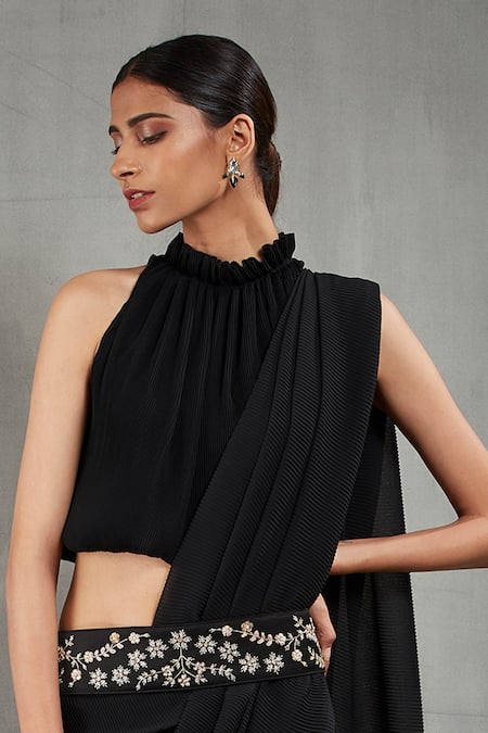 Shop Kavita Bhartia Black Georgette Elasticated Waist Band On Pant Saree With Blouse Online at Aza Fashions Shop_Kavita Bhartia_Black Georgette Elasticated Waist Band On Pant Saree With Blouse _Online_at_Aza_Fashions