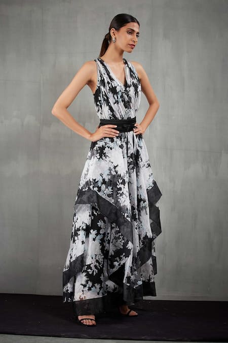 Kavita Bhartia_White Organza V Neck Floral Print A-line Gown  _Online_at_Aza_Fashions