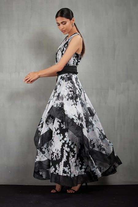 Buy_Kavita Bhartia_White Organza V Neck Floral Print A-line Gown  _Online_at_Aza_Fashions