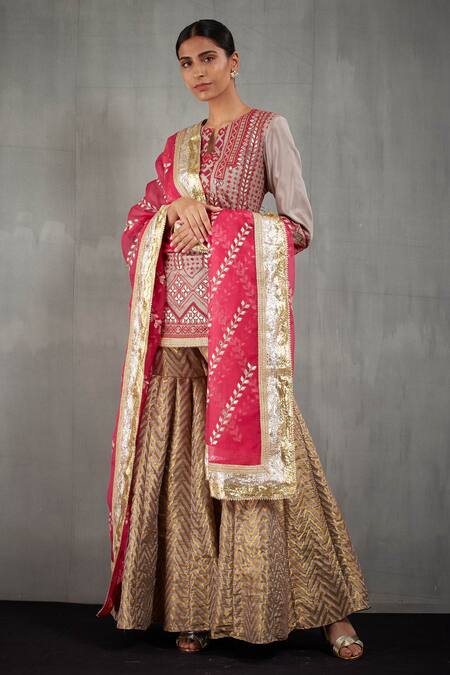 Buy Kavita Bhartia Grey Silk Notched Round Neck Embroidered Kurta Sharara Set Online at Aza Fashions Buy_Kavita Bhartia_Grey Silk Notched Round Neck Embroidered Kurta Sharara Set _Online_at_Aza_Fashions