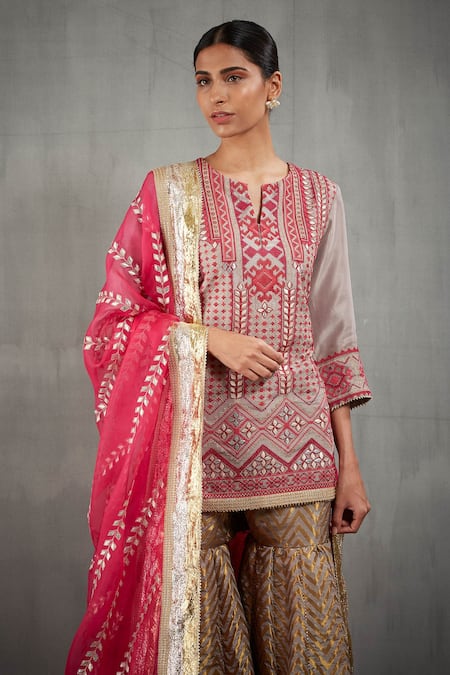 Kavita Bhartia Grey Silk Notched Round Neck Embroidered Kurta Sharara Set Online at Aza Fashions Kavita Bhartia_Grey Silk Notched Round Neck Embroidered Kurta Sharara Set _Online_at_Aza_Fashions