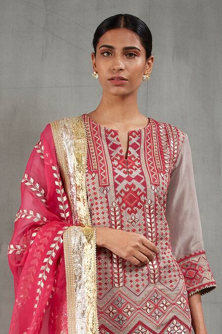 Shop Kavita Bhartia Grey Silk Notched Round Neck Embroidered Kurta Sharara Set Online at Aza Fashions Shop_Kavita Bhartia_Grey Silk Notched Round Neck Embroidered Kurta Sharara Set _Online_at_Aza_Fashions