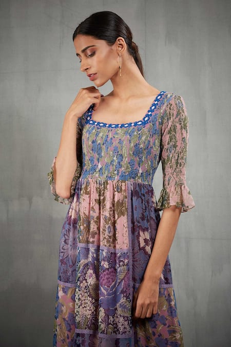 Buy_Kavita Bhartia_Purple Chiffon Square Neck Floral Print Maxi Dress _Online_at_Aza_Fashions