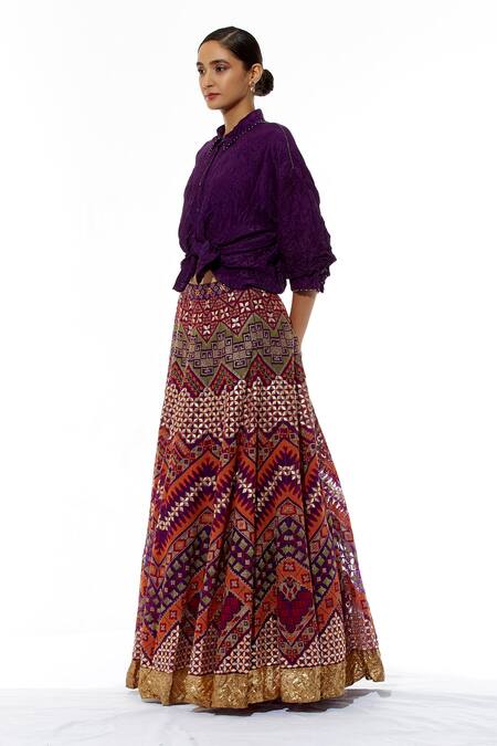 Kavita Bhartia Purple Silk Straight Collar Embroidered Lehenga With Organza Shirt Online at Aza Fashions Kavita Bhartia_Purple Silk Straight Collar Embroidered Lehenga With Organza Shirt _Online_at_Aza_Fashions