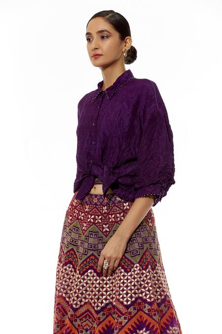 Buy Kavita Bhartia Purple Silk Straight Collar Embroidered Lehenga With Organza Shirt Online at Aza Fashions Buy_Kavita Bhartia_Purple Silk Straight Collar Embroidered Lehenga With Organza Shirt _Online_at_Aza_Fashions