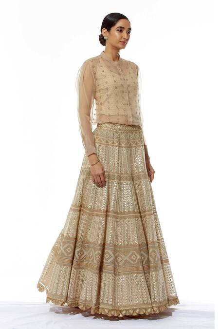Kavita Bhartia Beige Organza Shirt Band Collar Inner Scoop Embroidered Lehenga Set Online at Aza Fashions Kavita Bhartia_Beige Organza Shirt Band Collar Inner Scoop Embroidered Lehenga Set _Online_at_Aza_Fashions