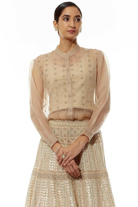 Buy Kavita Bhartia Beige Organza Shirt Band Collar Inner Scoop Embroidered Lehenga Set Online at Aza Fashions Buy_Kavita Bhartia_Beige Organza Shirt Band Collar Inner Scoop Embroidered Lehenga Set _Online_at_Aza_Fashions