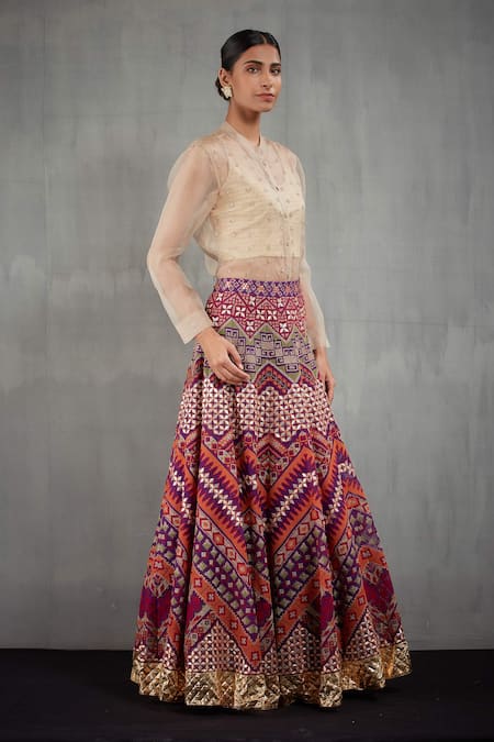 Kavita Bhartia Purple Organza Band Collar Embroidered Lehenga With Shirt Online at Aza Fashions Kavita Bhartia_Purple Organza Band Collar Embroidered Lehenga With Shirt _Online_at_Aza_Fashions