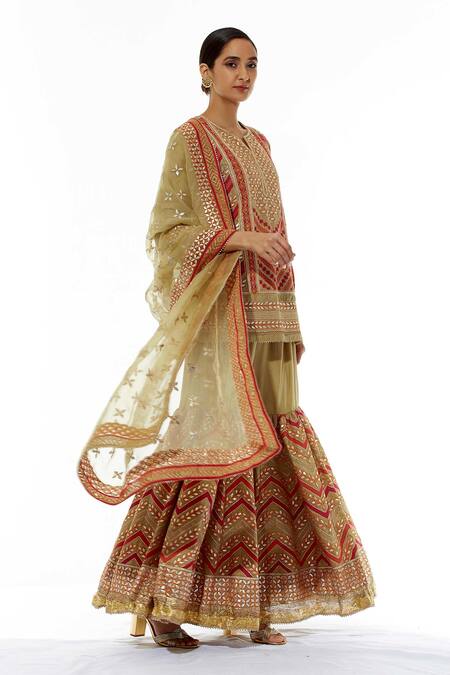 Kavita Bhartia Green Silk Notched Round Neck Embroidered Kurta Sharara Set Online at Aza Fashions Kavita Bhartia_Green Silk Notched Round Neck Embroidered Kurta Sharara Set _Online_at_Aza_Fashions