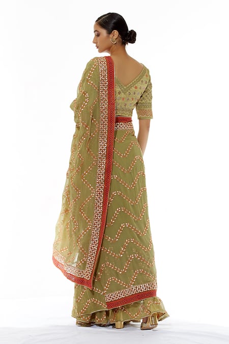 Shop_Kavita Bhartia_Green Georgette Scoop Neck Pre-draped Embroidered Saree  _at_Aza_Fashions