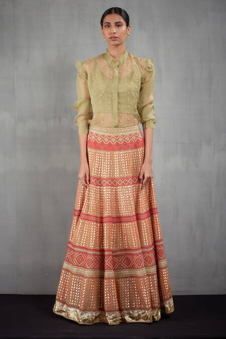 Kavita Bhartia_Green Organza Band Collar Embroidered Lehenga With Shirt _Online_at_Aza_Fashions