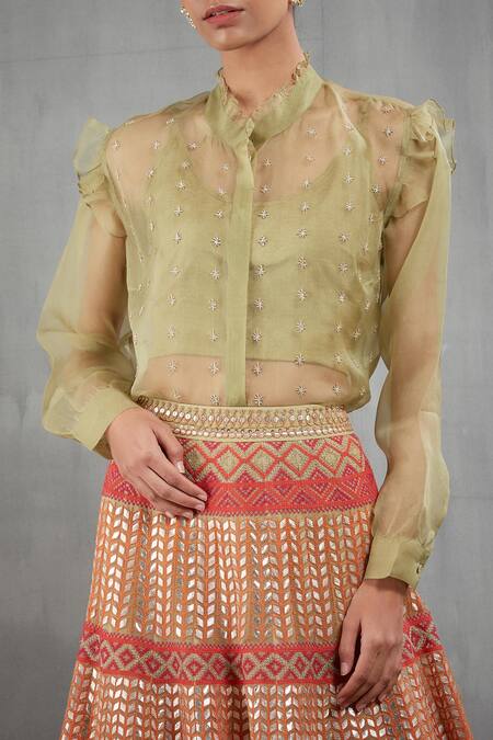 Buy_Kavita Bhartia_Green Organza Band Collar Embroidered Lehenga With Shirt _Online_at_Aza_Fashions