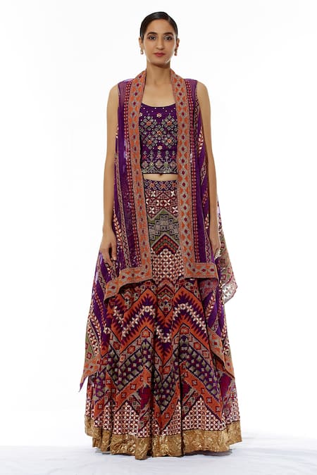 Kavita Bhartia Purple Organza Blouse Scoop Embroidered Lehenga Set With Jacket Online at Aza Fashions Kavita Bhartia_Purple Organza Blouse Scoop Embroidered Lehenga Set With Jacket _Online_at_Aza_Fashions