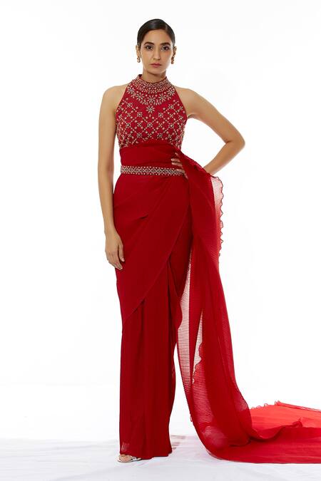 Kavita Bhartia_Red Cotton, Georgette Halter Neck Pre-draped Saree _Online_at_Aza_Fashions