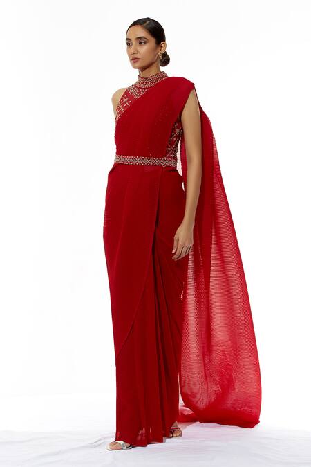 Buy_Kavita Bhartia_Red Cotton, Georgette Halter Neck Pre-draped Saree _Online_at_Aza_Fashions