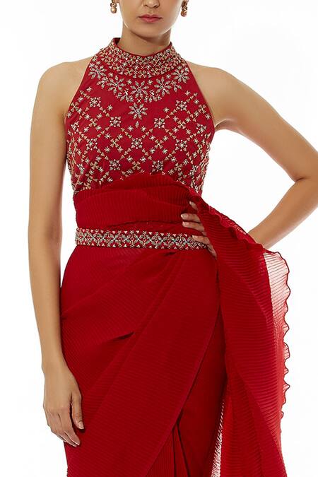 Shop_Kavita Bhartia_Red Cotton, Georgette Halter Neck Pre-draped Saree _Online_at_Aza_Fashions