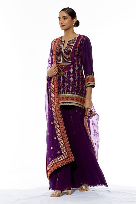 Buy_Kavita Bhartia_Purple Silk Notched Round Neck Embroidered Kurta Gharara Set  _Online_at_Aza_Fashions