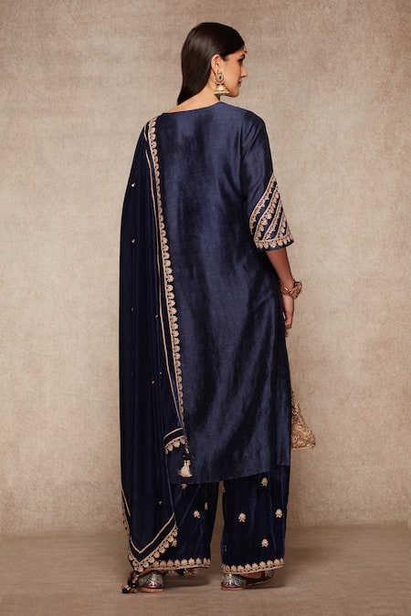 Shop_Ajiesh Oberoi_Blue Kurta Raw Silk, Palazzo And Dupatta Velvet Embroidered Set _at_Aza_Fashions
