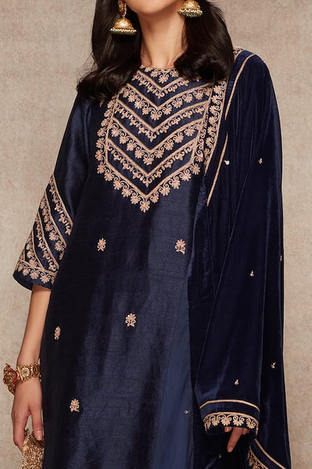 Shop_Ajiesh Oberoi_Blue Kurta Raw Silk, Palazzo And Dupatta Velvet Embroidered Set _Online_at_Aza_Fashions