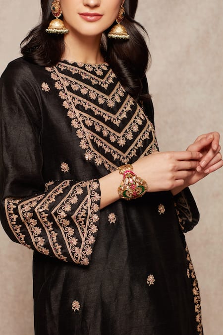 Shop_Ajiesh Oberoi_Black Kurta Raw Silk, Palazzo And Dupatta Velvet Embroidered Set _Online_at_Aza_Fashions