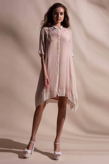 Buy Abhishek Sharma Pink Chiffon Spread Collar Embroidered Shirt Dress at Aza Fashions Buy_Abhishek Sharma_Pink Chiffon Spread Collar Embroidered Shirt Dress_at_Aza_Fashions