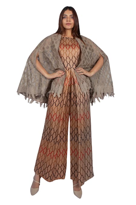 Ekru Printed Jumpsuit with Embroidered Cape 